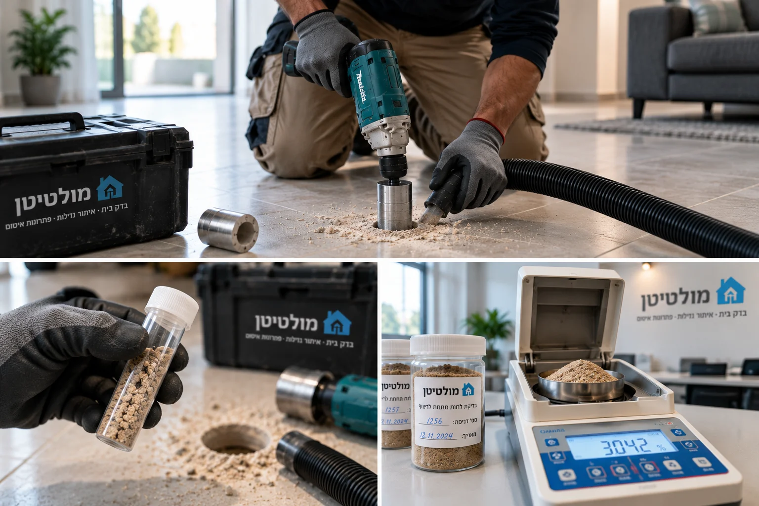 המחשת שלבי בדיקת הלחות: קידוח, נטילת דגימה ובדיקת המצע במכשיר