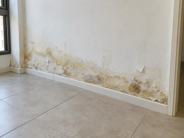 כתם רטיבות בקיר מעל הפנלים